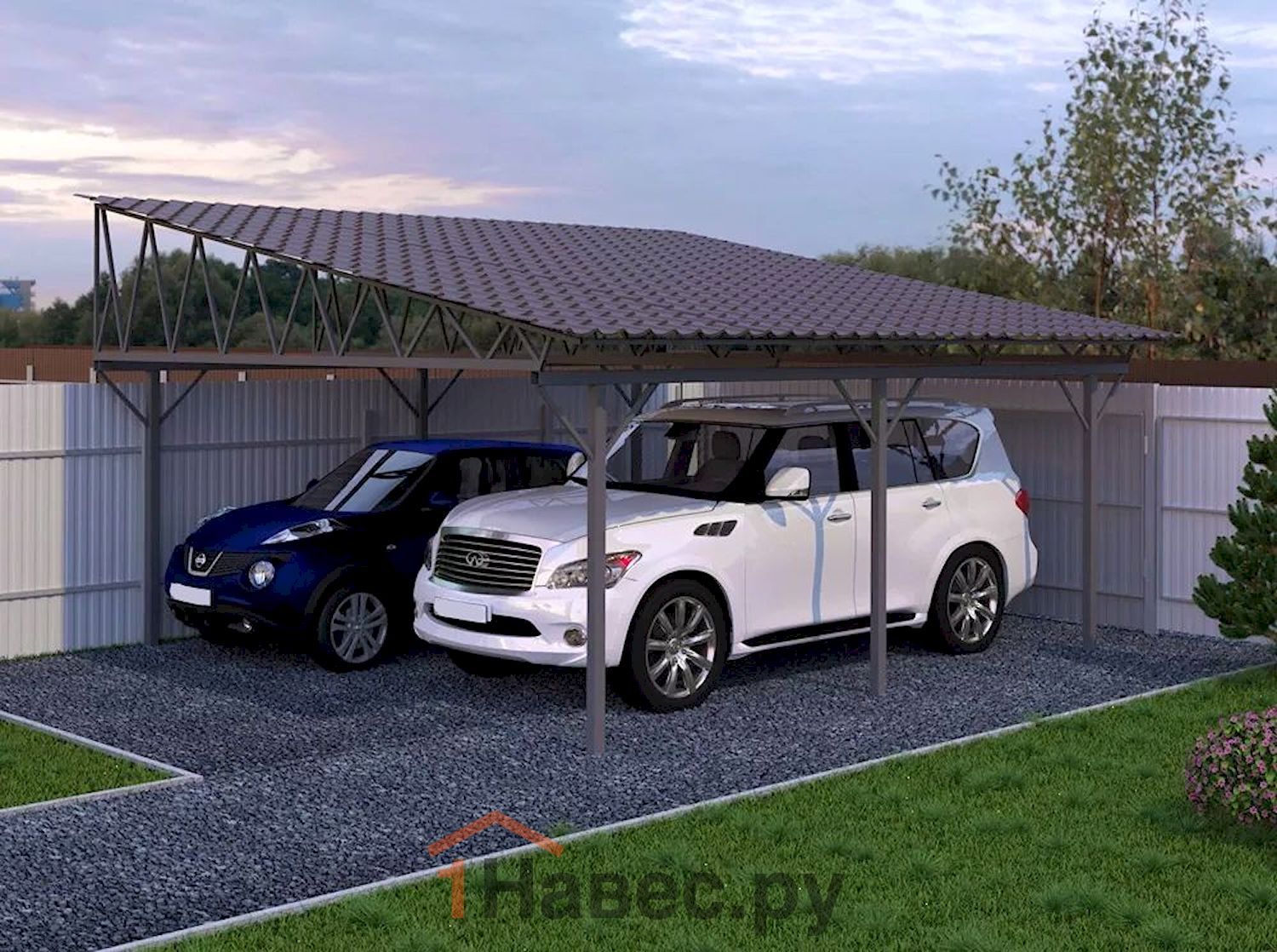 Односкатный пристенный расширенный навес из металлочерепицы