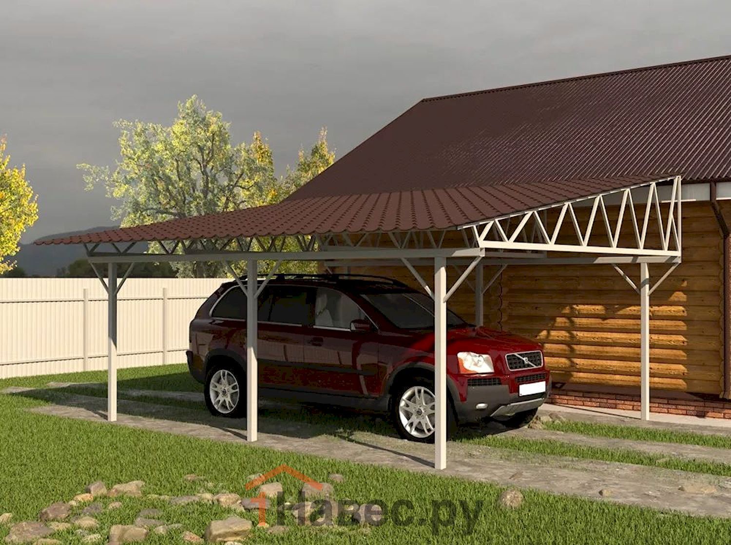 Односкатный автомобильный навес из металлочерепицы к дому
