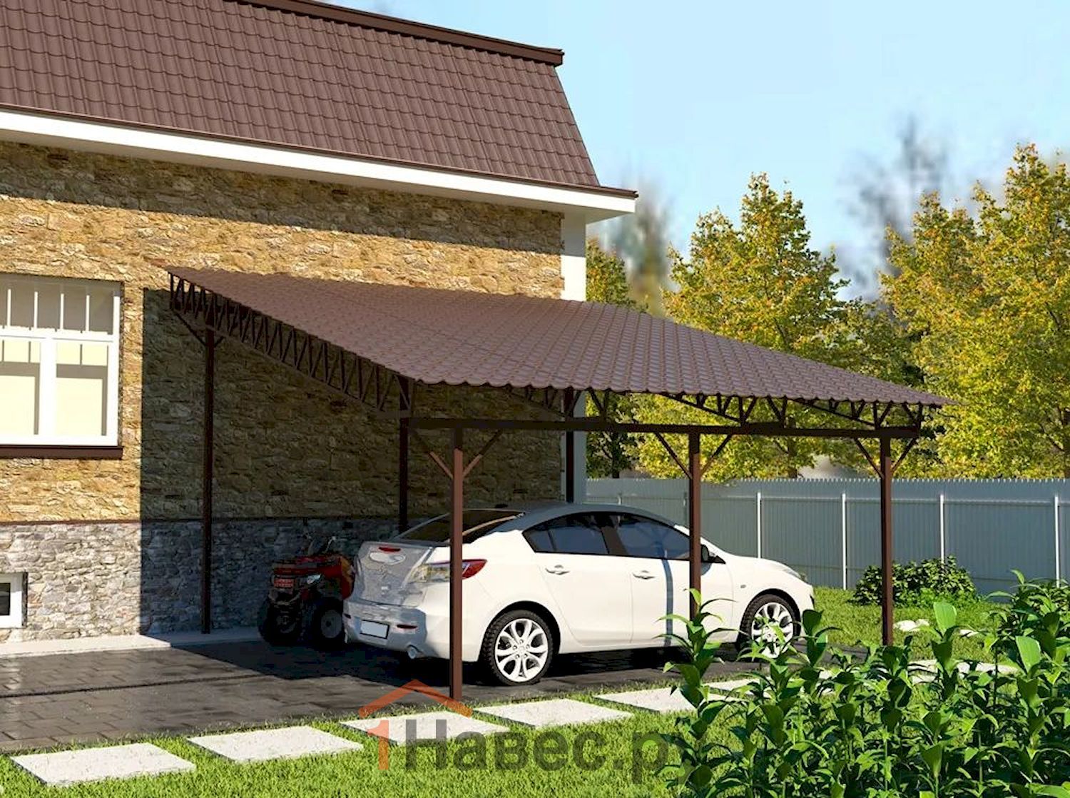 Односкатный навес из металлочерепицы для авто на дачу