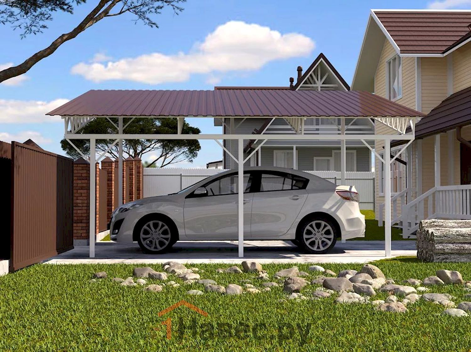 Односкатный навес-гараж из профнастила